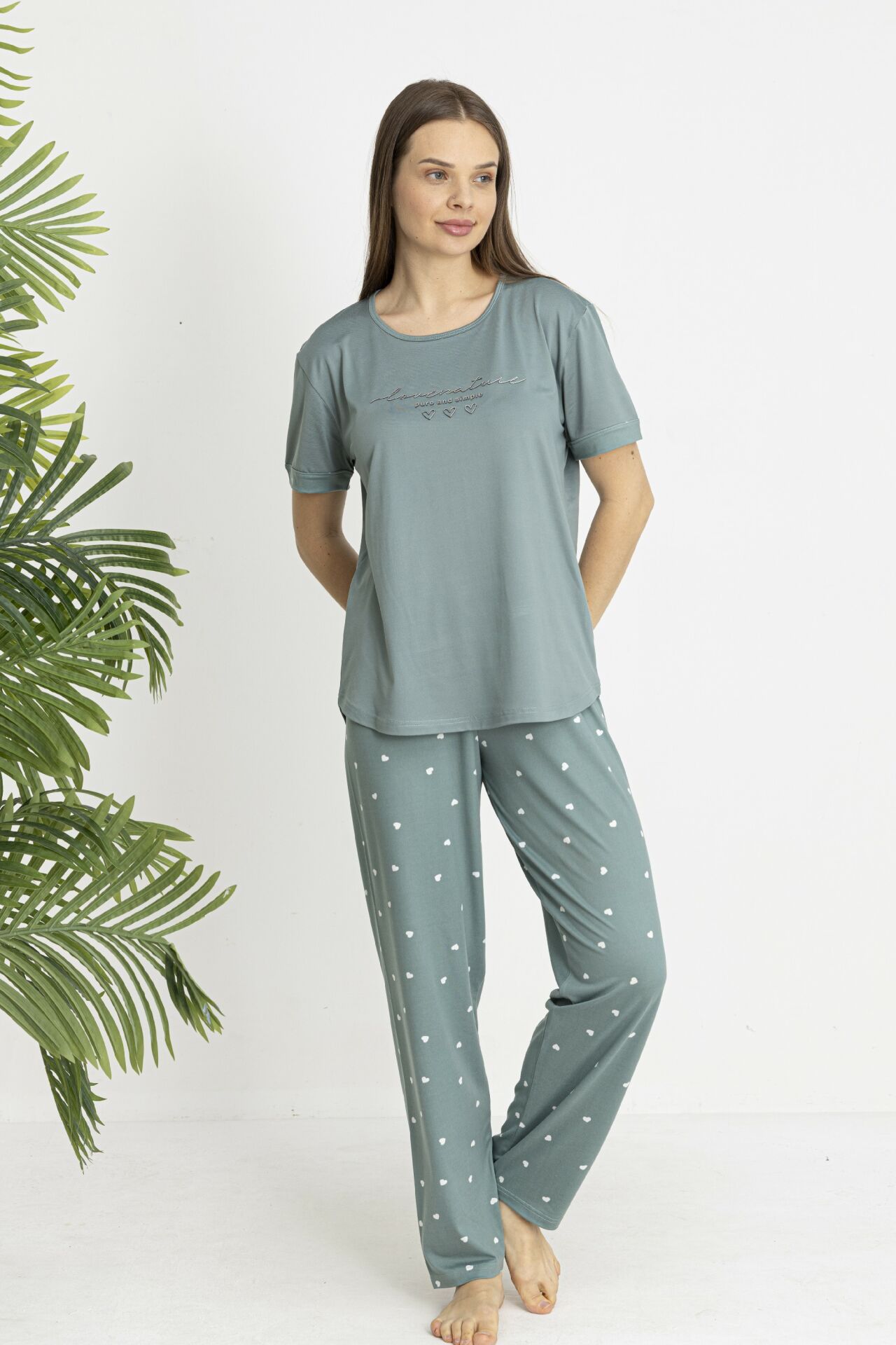 Estiva Kadın Kalp Alt Desenli Kısa Kollu Soft Pijama Takımı XL - Yeşil