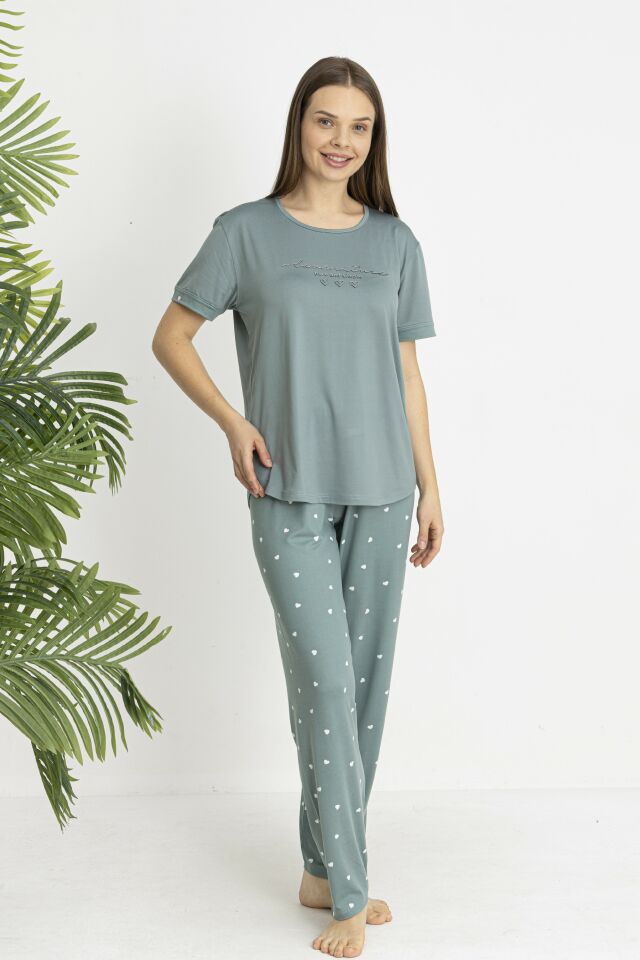 Estiva Kadın Kalp Alt Desenli Kısa Kollu Soft Pijama Takımı XL - Yeşil