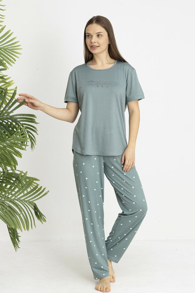 Estiva Kadın Kalp Alt Desenli Kısa Kollu Soft Pijama Takımı XL - Yeşil