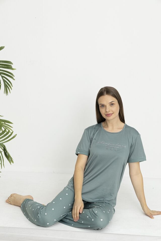 Estiva Kadın Kalp Alt Desenli Kısa Kollu Soft Pijama Takımı XL - Yeşil