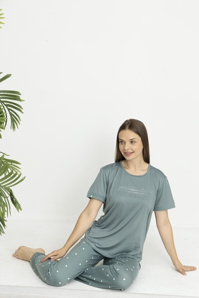 Estiva Kadın Kalp Alt Desenli Kısa Kollu Soft Pijama Takımı XL - Yeşil