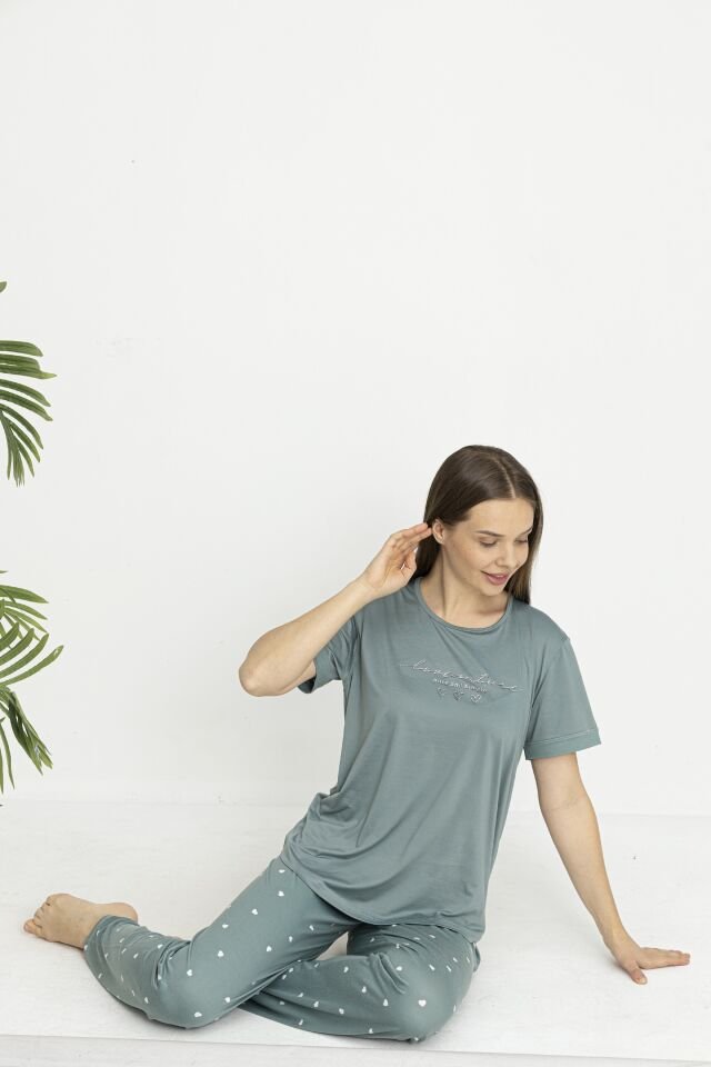 Estiva Kadın Kalp Alt Desenli Kısa Kollu Soft Pijama Takımı XL - Yeşil
