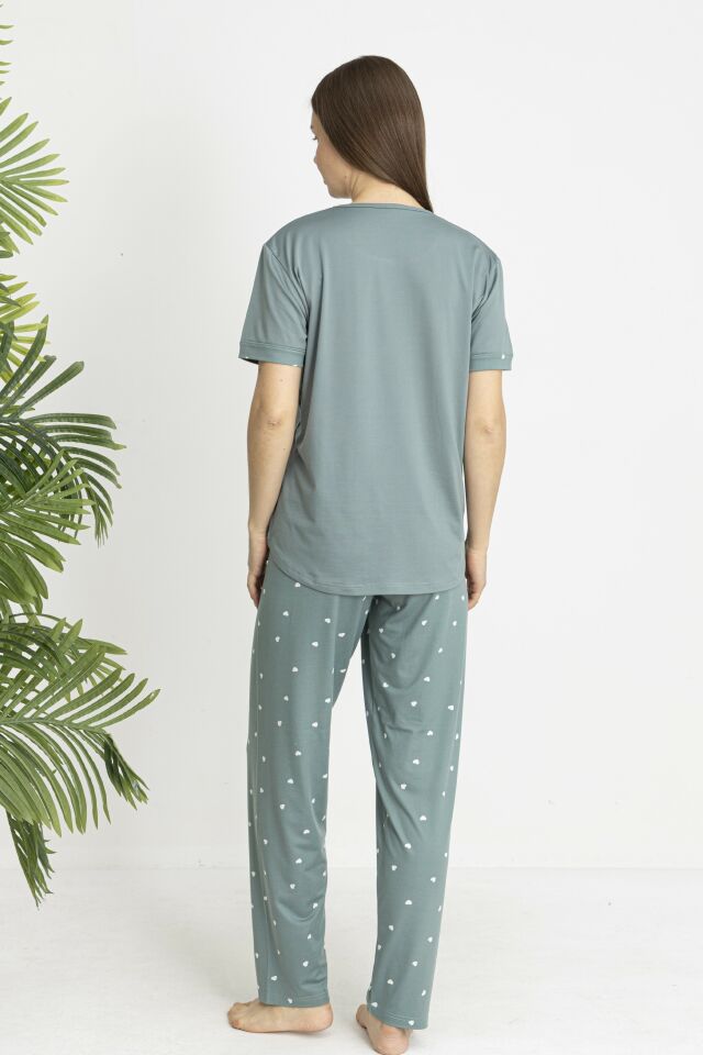 Estiva Kadın Kalp Alt Desenli Kısa Kollu Soft Pijama Takımı XL - Yeşil