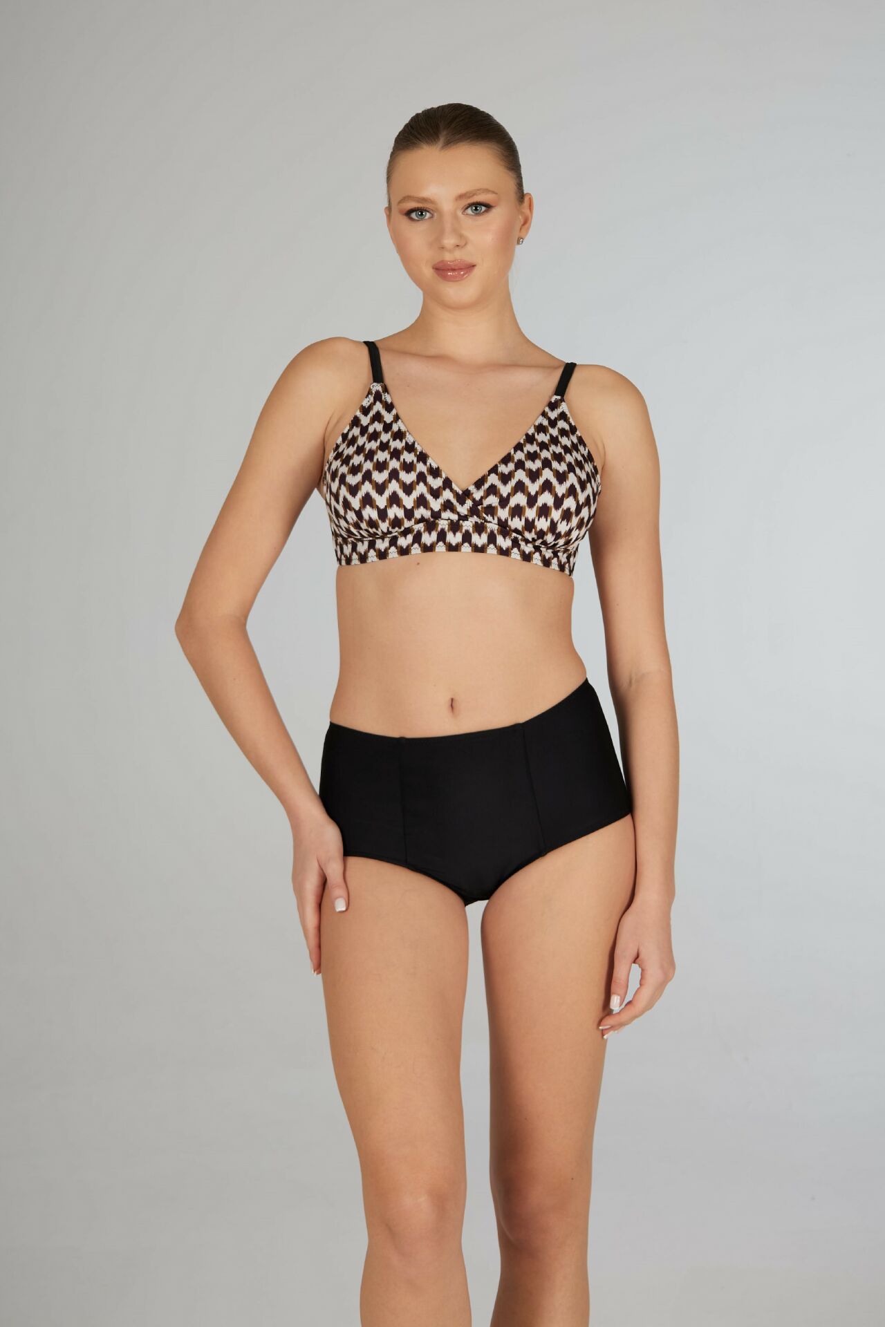 Estiva Yüksek Bel Kruvaze Çizgi Desenli Bikini Takımı - Siyah