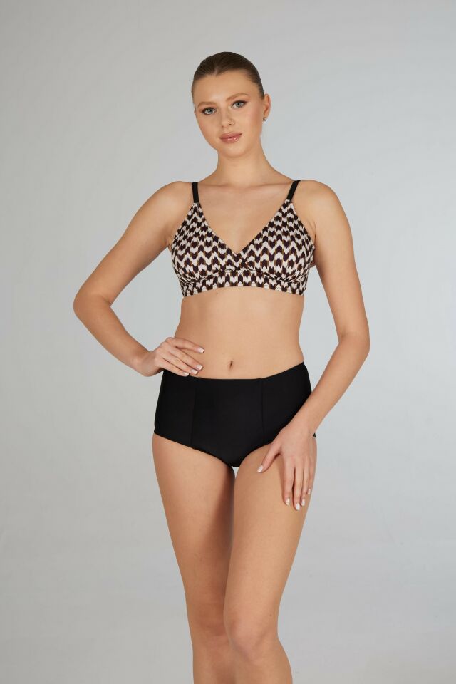 Estiva Yüksek Bel Kruvaze Çizgi Desenli Bikini Takımı - Siyah