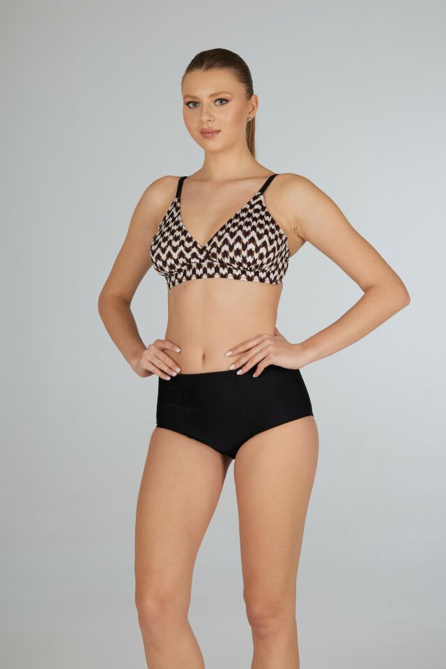 Estiva Yüksek Bel Kruvaze Çizgi Desenli Bikini Takımı - Siyah