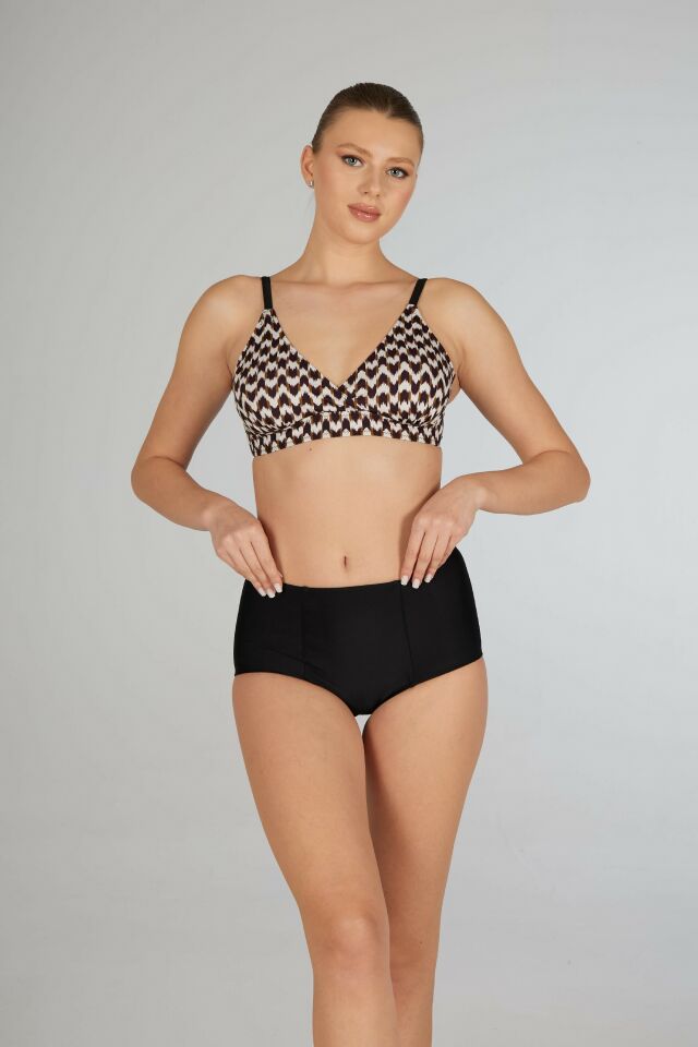 Estiva Yüksek Bel Kruvaze Çizgi Desenli Bikini Takımı - Siyah