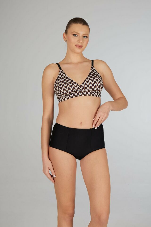 Estiva Yüksek Bel Kruvaze Çizgi Desenli Bikini Takımı - Siyah