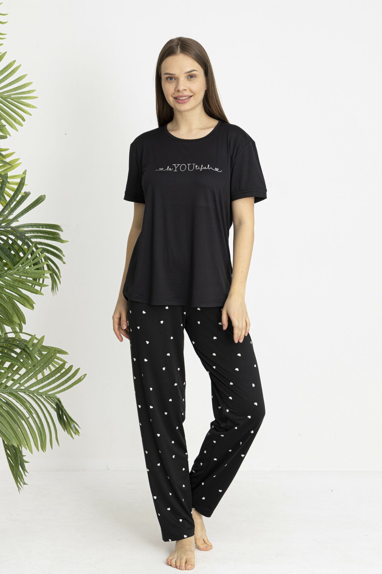 Estiva Kadın Kalp Alt Desenli Kısa Kollu Soft Pijama Takımı Siyah - L