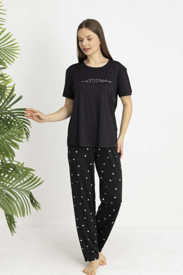 Estiva Kadın Kalp Alt Desenli Kısa Kollu Soft Pijama Takımı Siyah - L