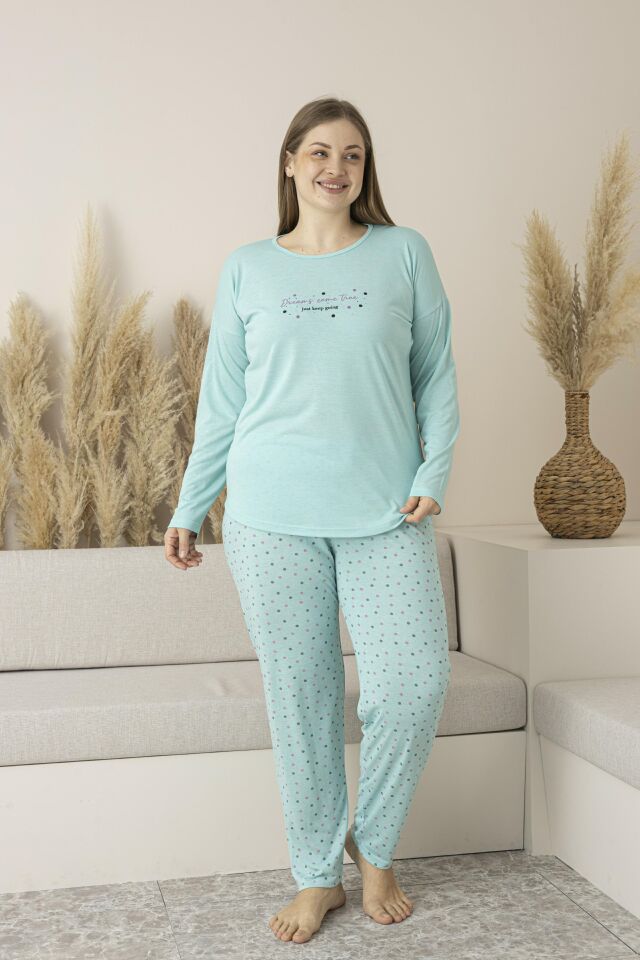 Kadın Yazlık Puantiyeli Uzun Kollu Viskon Battal Pijama Takımı 4XL - MİNT