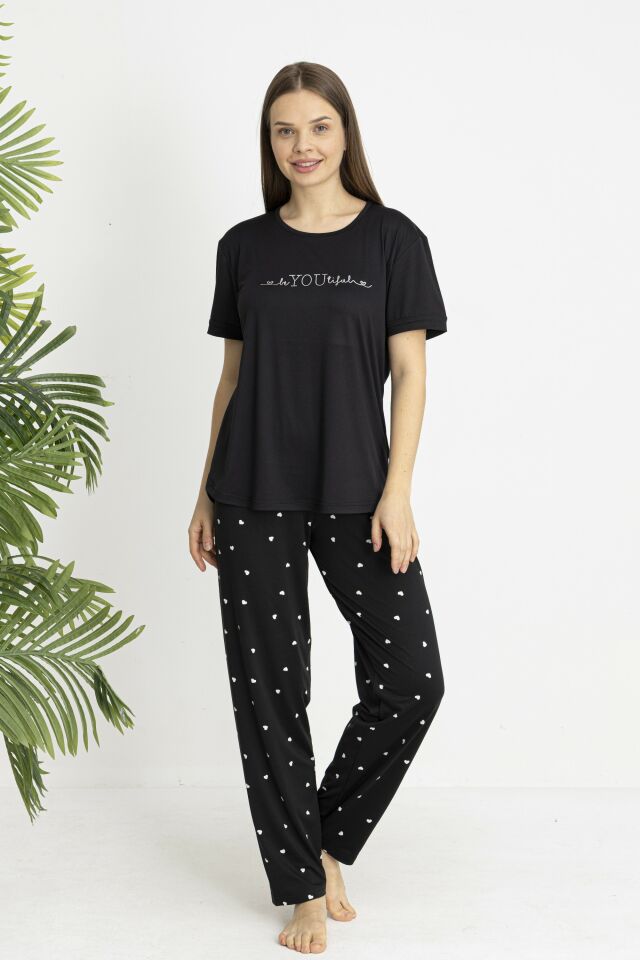 Estiva Kadın Kalp Alt Desenli Kısa Kollu Soft Pijama Takımı Siyah - XL