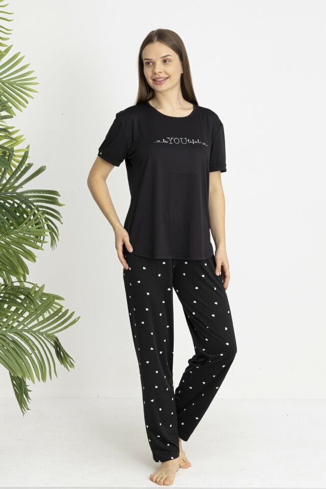 Estiva Kadın Kalp Alt Desenli Kısa Kollu Soft Pijama Takımı Siyah - XL