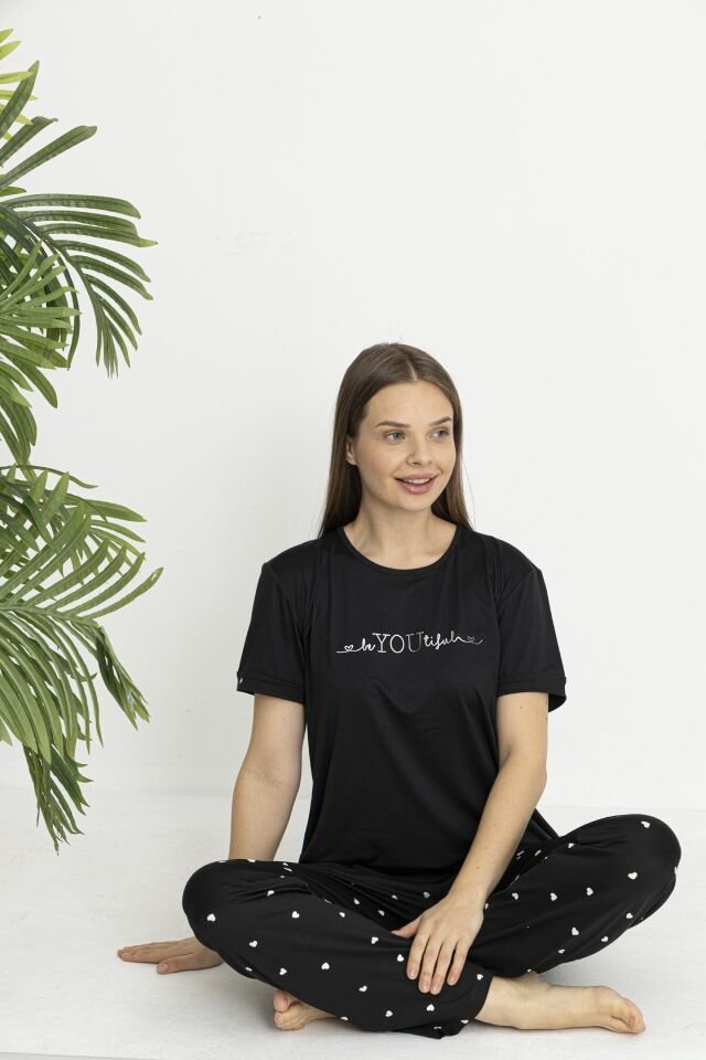 Estiva Kadın Kalp Alt Desenli Kısa Kollu Soft Pijama Takımı Siyah - XL