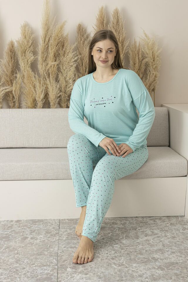 Kadın Yazlık Puantiyeli Uzun Kollu Viskon Battal Pijama Takımı 5XL - MİNT