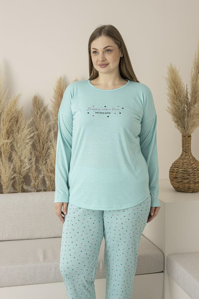 Kadın Yazlık Puantiyeli Uzun Kollu Viskon Battal Pijama Takımı 5XL - MİNT