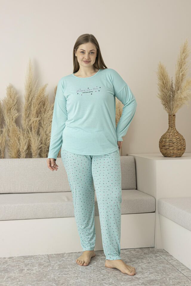 Kadın Yazlık Puantiyeli Uzun Kollu Viskon Battal Pijama Takımı 5XL - MİNT