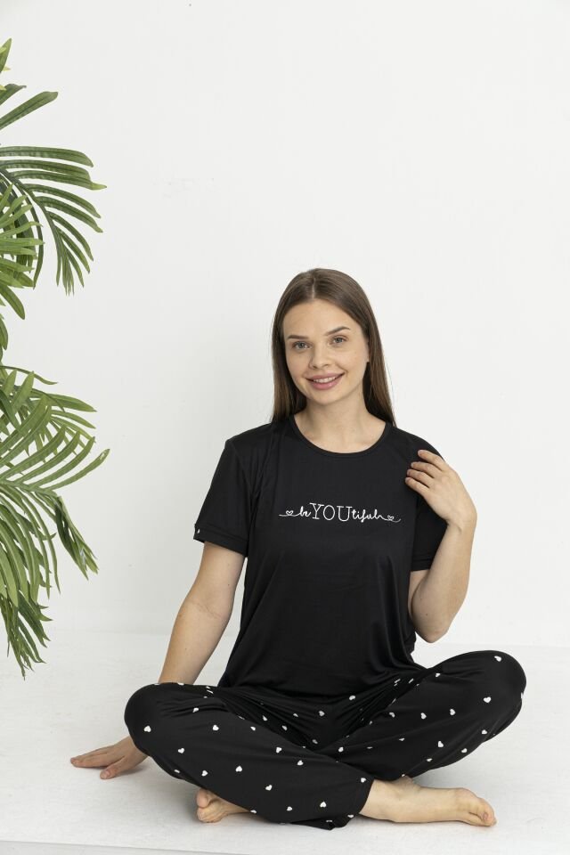 Estiva Kadın Kalp Alt Desenli Kısa Kollu Soft Pijama Takımı Siyah - 2XL