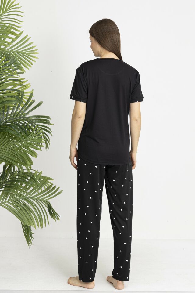 Estiva Kadın Kalp Alt Desenli Kısa Kollu Soft Pijama Takımı Siyah - 2XL