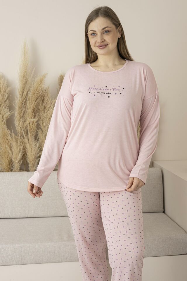 Kadın Yazlık Puantiyeli Uzun Kollu Viskon Battal Pijama Takımı 3XL - SOMON