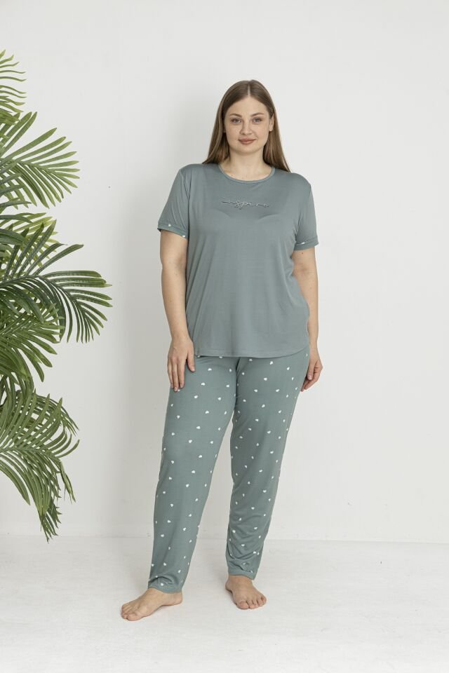 Estiva Kadın Kalp Alt Desenli Kısa Kollu Soft Battal Pijama Takımı 3XL - Yeşil