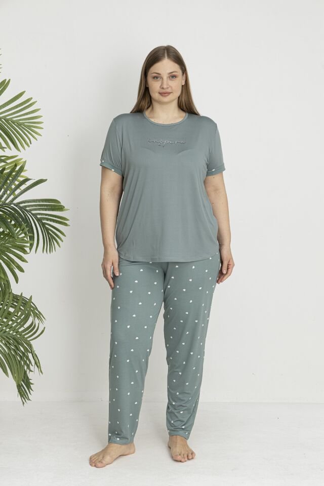Estiva Kadın Kalp Alt Desenli Kısa Kollu Soft Battal Pijama Takımı 3XL - Yeşil