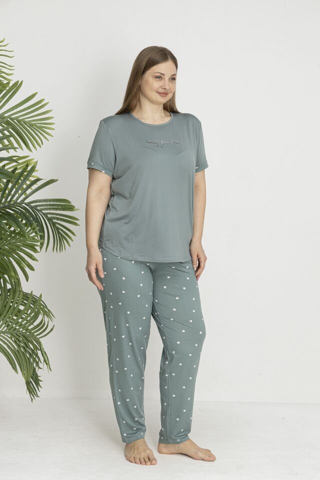 Estiva Kadın Kalp Alt Desenli Kısa Kollu Soft Battal Pijama Takımı 3XL - Yeşil