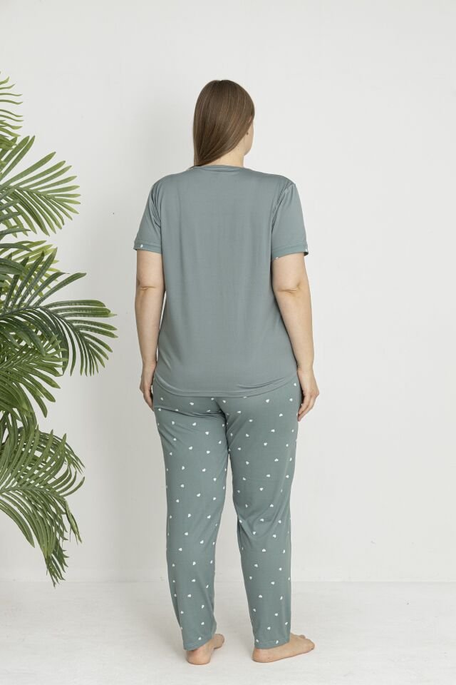 Estiva Kadın Kalp Alt Desenli Kısa Kollu Soft Battal Pijama Takımı 3XL - Yeşil