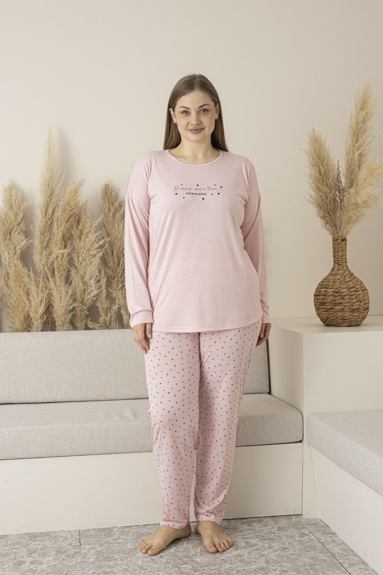 Kadın Yazlık Puantiyeli Uzun Kollu Viskon Battal Pijama Takımı 5XL - SOMON