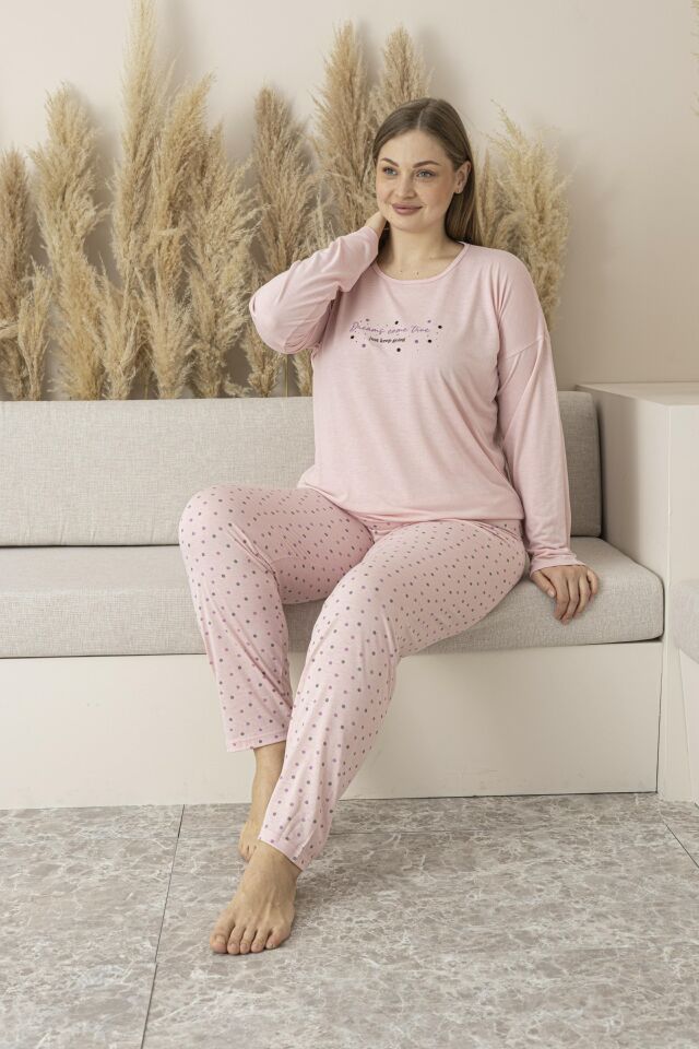 Kadın Yazlık Puantiyeli Uzun Kollu Viskon Battal Pijama Takımı 5XL - SOMON