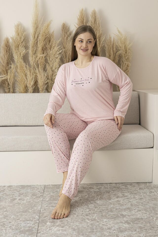 Kadın Yazlık Puantiyeli Uzun Kollu Viskon Battal Pijama Takımı 5XL - SOMON