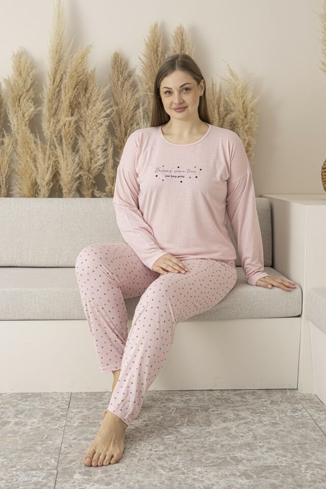 Kadın Yazlık Puantiyeli Uzun Kollu Viskon Battal Pijama Takımı 5XL - SOMON