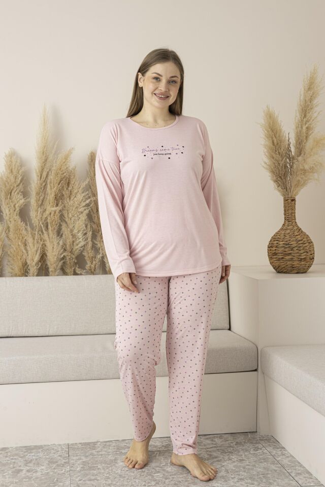 Kadın Yazlık Puantiyeli Uzun Kollu Viskon Battal Pijama Takımı 5XL - SOMON