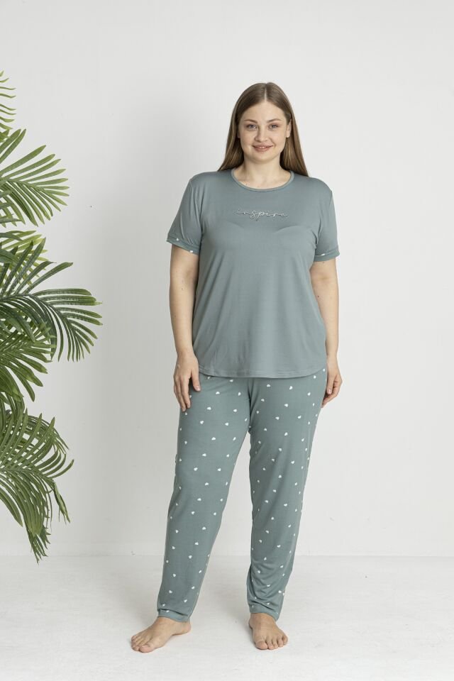 Estiva Kadın Kalp Alt Desenli Kısa Kollu Soft Battal Pijama Takımı 4XL - Yeşil