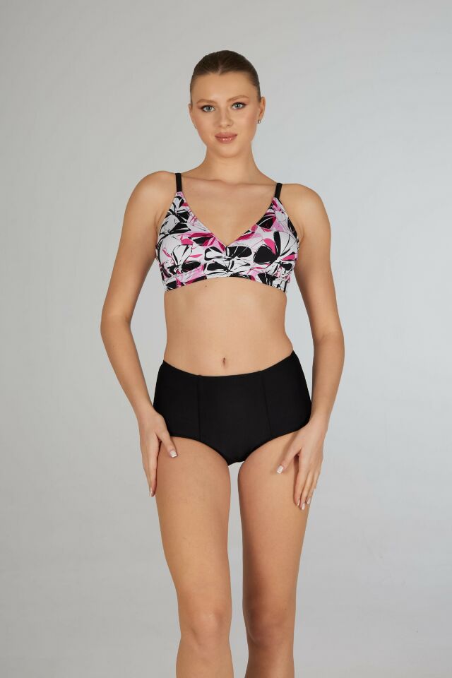 Estiva Yüksek Bel Kruvaze Çiçek Desenli Bikini Takımı - Siyah