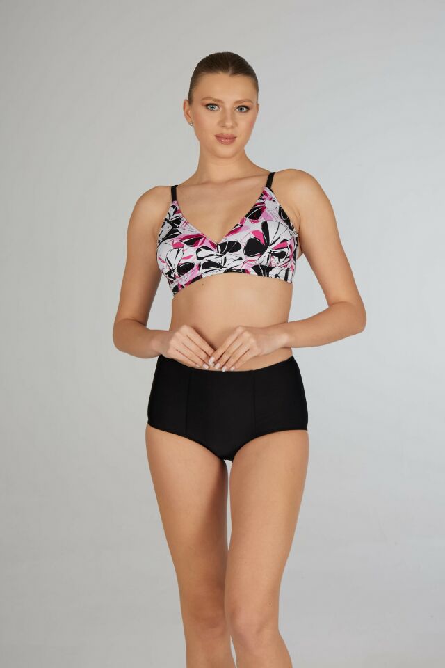 Estiva Yüksek Bel Kruvaze Çiçek Desenli Bikini Takımı - Siyah