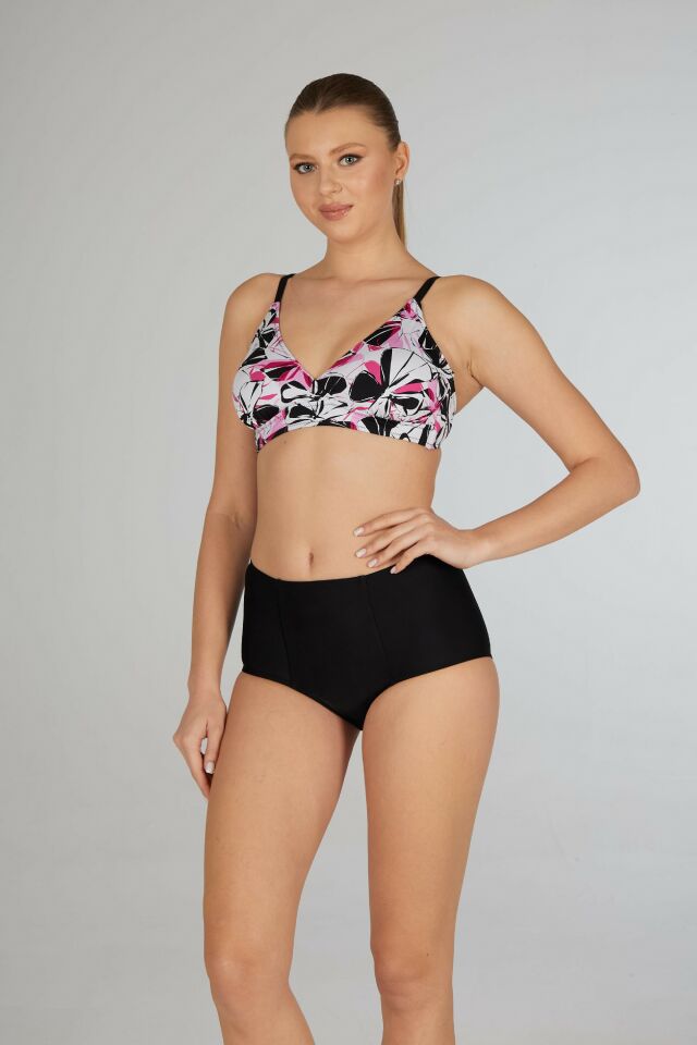 Estiva Yüksek Bel Kruvaze Çiçek Desenli Bikini Takımı - Siyah