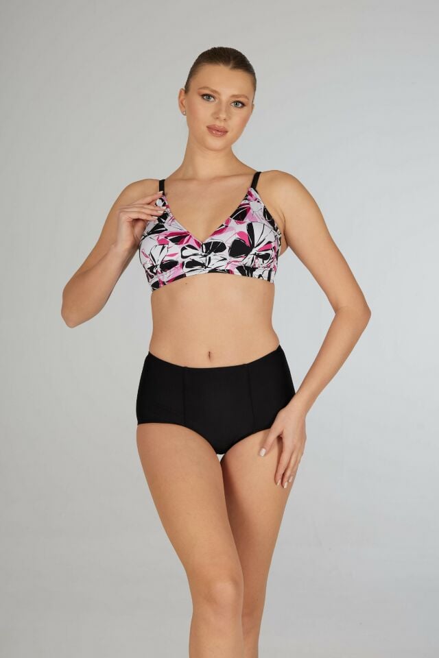 Estiva Yüksek Bel Kruvaze Çiçek Desenli Bikini Takımı - Siyah
