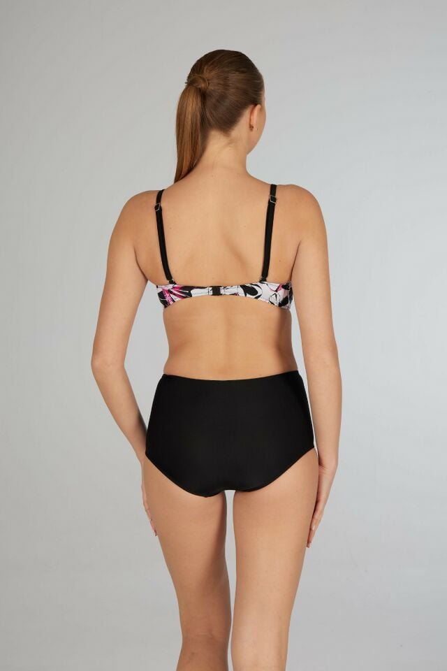 Estiva Yüksek Bel Kruvaze Çiçek Desenli Bikini Takımı - Siyah