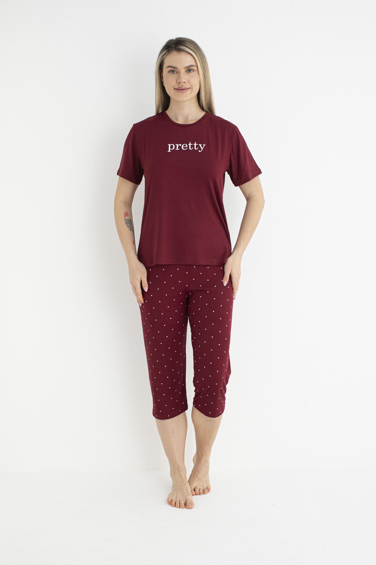 Kadın Yazlık Puantiyeli Kısa Kollu Kaprili Soft Pijama Takımı - Bordo