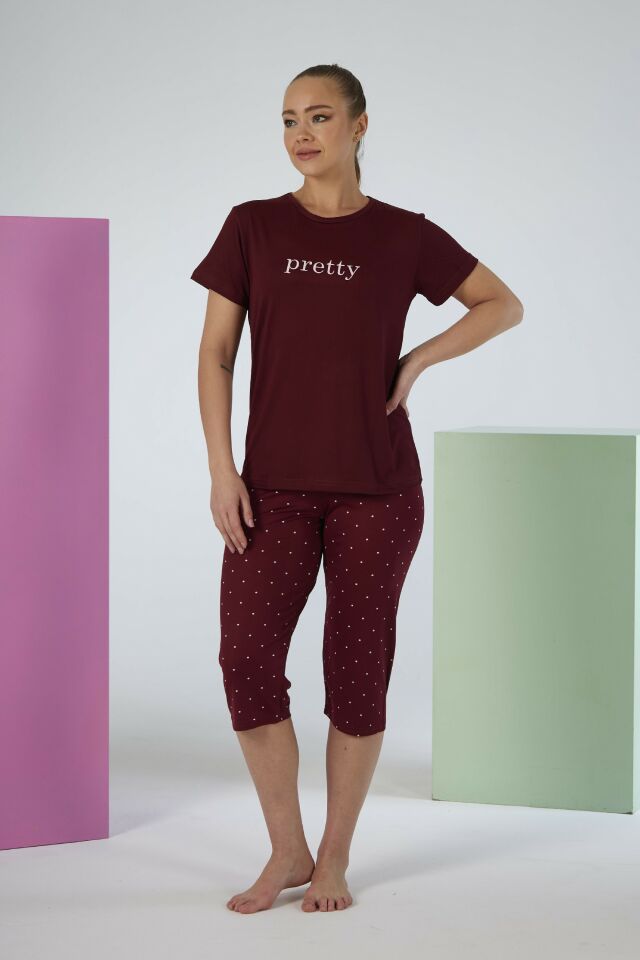 Kadın Yazlık Puantiyeli Kısa Kollu Kaprili Soft Pijama Takımı - Bordo