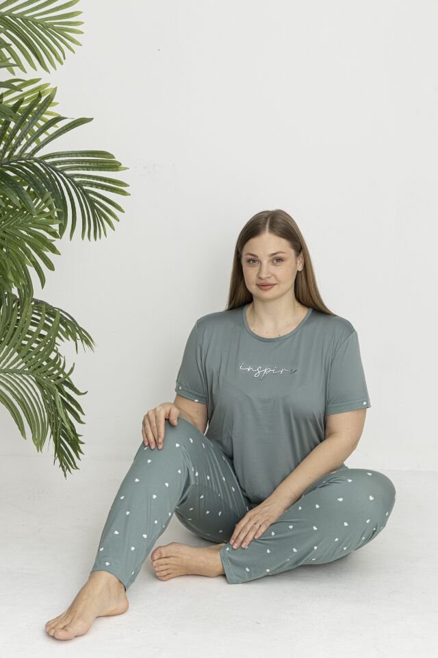 Estiva Kadın Kalp Alt Desenli Kısa Kollu Soft Battal Pijama Takımı 5XL - Yeşil