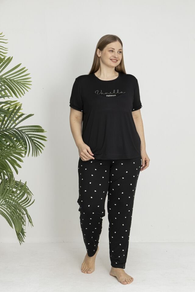 Estiva Kadın Kalp Alt Desenli Kısa Kollu Soft Battal Pijama Takımı Siyah - 3XL