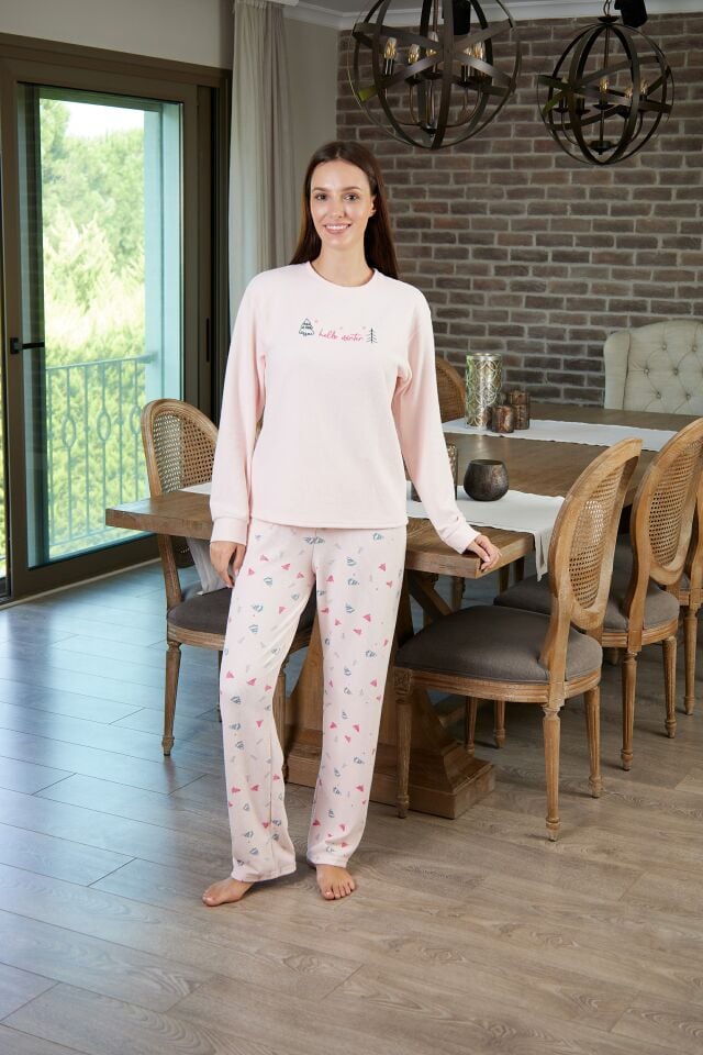 Estiva Kadın Çam Desenli Pudra Pembe Waffle Kumaş Pijama Takımı