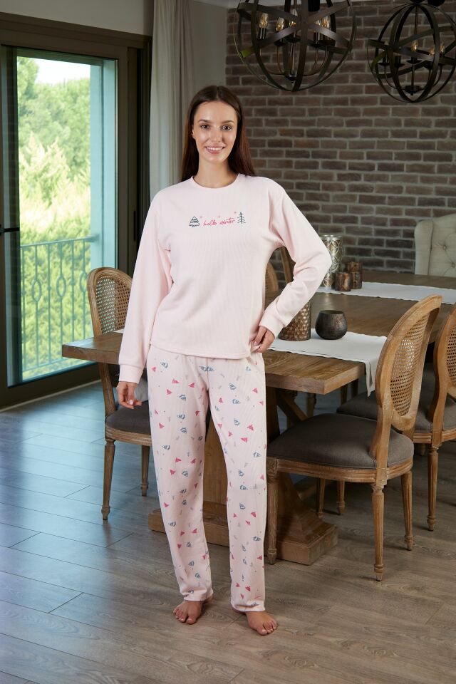 Estiva Kadın Çam Desenli Pudra Pembe Waffle Kumaş Pijama Takımı