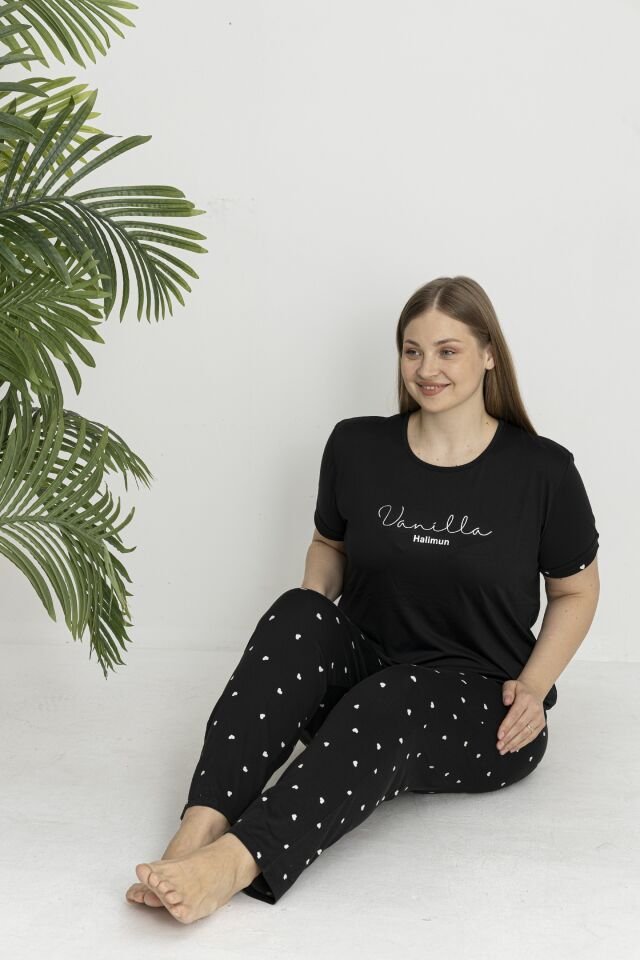 Estiva Kadın Kalp Alt Desenli Kısa Kollu Soft Battal Pijama Takımı Siyah - 4XL