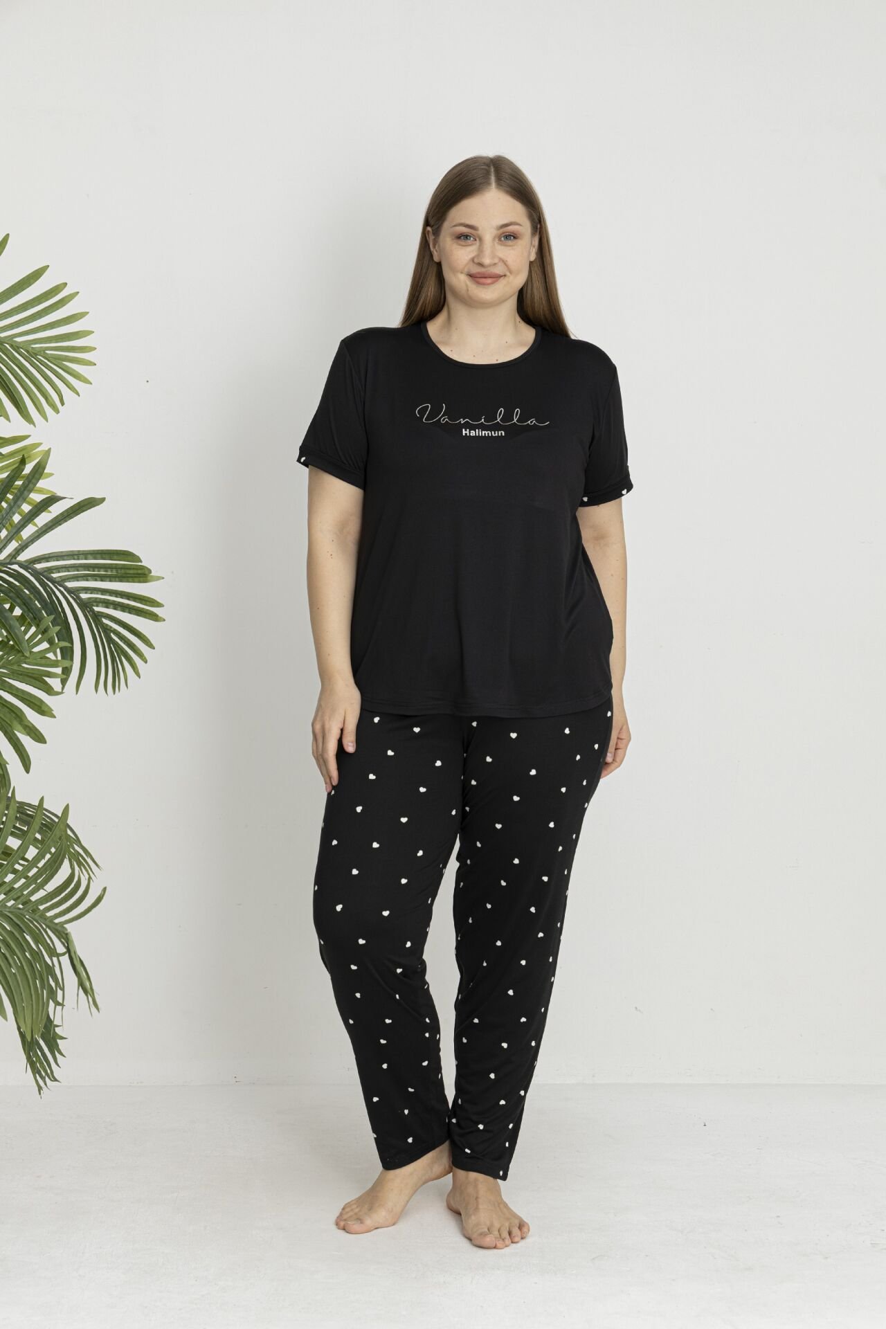 Estiva Kadın Kalp Alt Desenli Kısa Kollu Soft Battal Pijama Takımı Siyah - 5XL