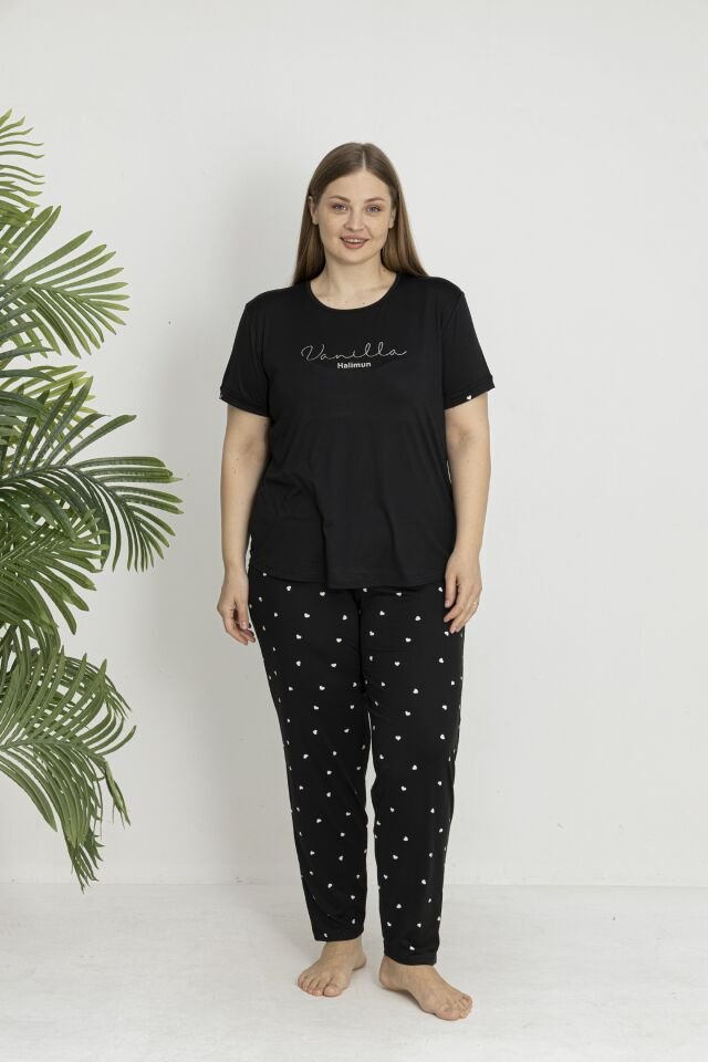 Estiva Kadın Kalp Alt Desenli Kısa Kollu Soft Battal Pijama Takımı Siyah - 5XL