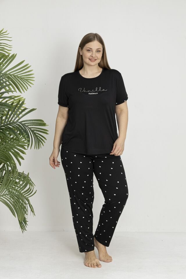 Estiva Kadın Kalp Alt Desenli Kısa Kollu Soft Battal Pijama Takımı Siyah - 5XL