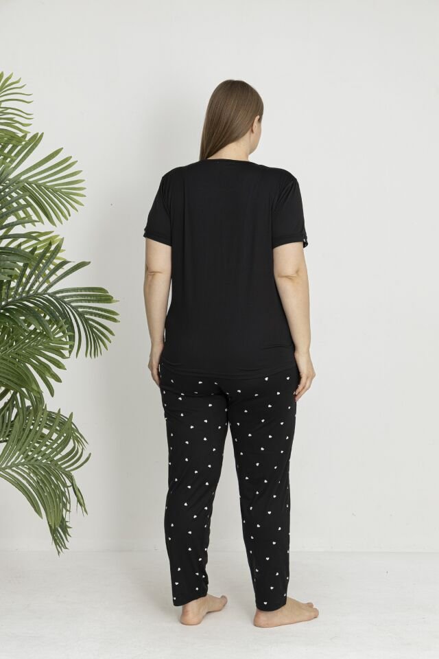 Estiva Kadın Kalp Alt Desenli Kısa Kollu Soft Battal Pijama Takımı Siyah - 5XL